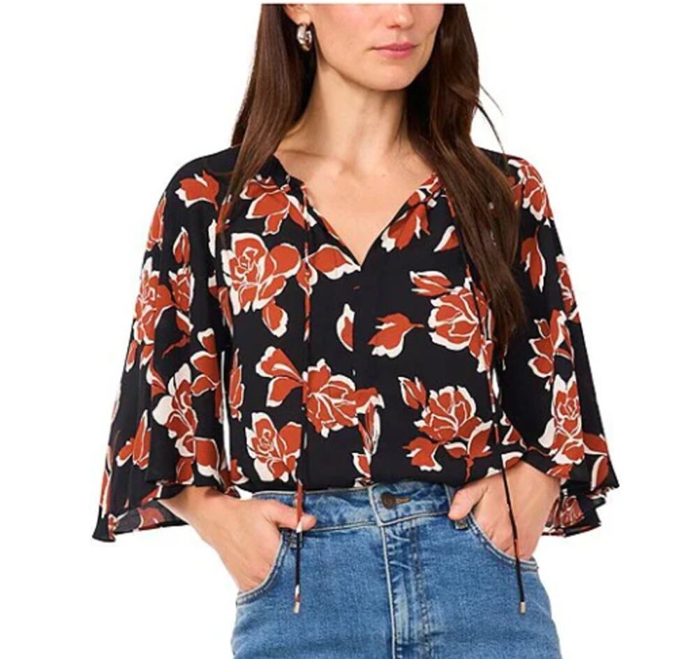 VINCE CAMUTO TOP WOMENS SMALL TIE NECK FLORAL PRINT BLOUSE BLACK NEW
